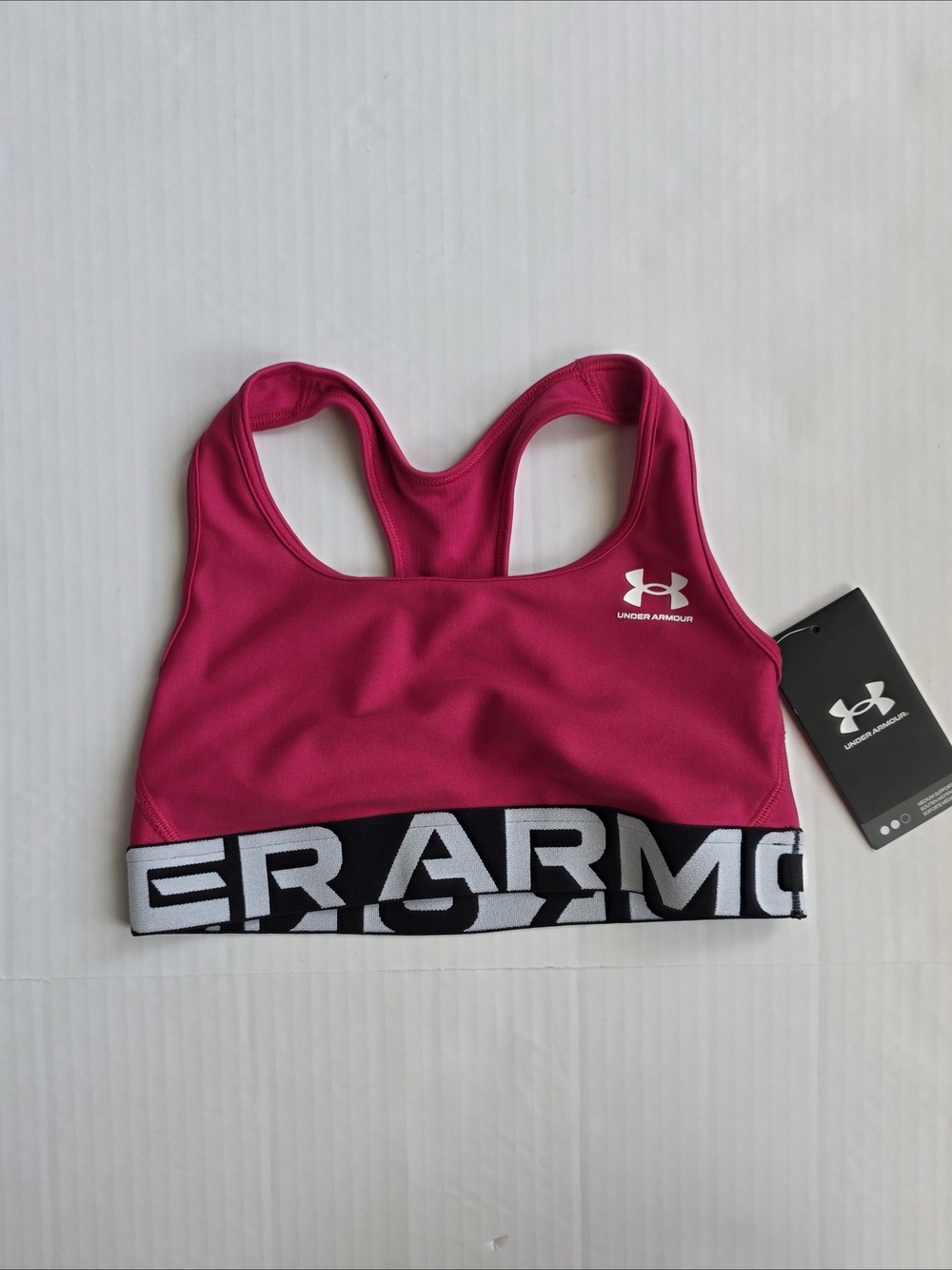 Under Armour Hot Pink Racerback Sports Bra Logo Band Compression Gym Sport Fit